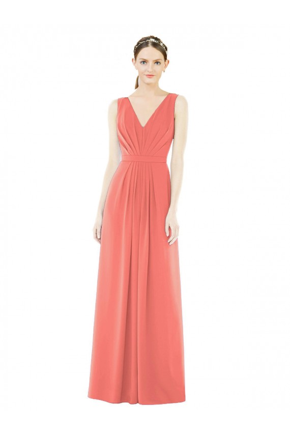 Sleeveless V-Neck Soft Chiffon Coral A-Line Long Bridesmaid Dress Cardiff