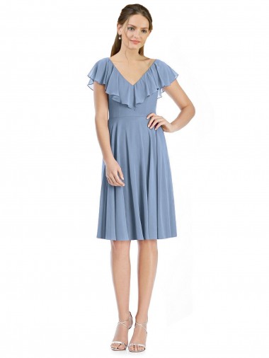 Cap Sleeves V-Neck Soft Chiffon Dusty Blue Cocktail Length Bridesmaid Dress Cardiff