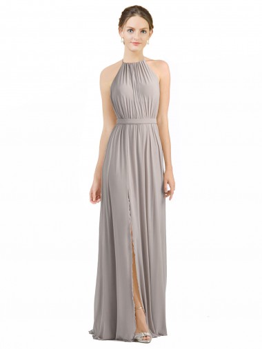 Sleeveless Halter Neck Soft Chiffon Oyster Silver Long Bridesmaid Dress Cardiff