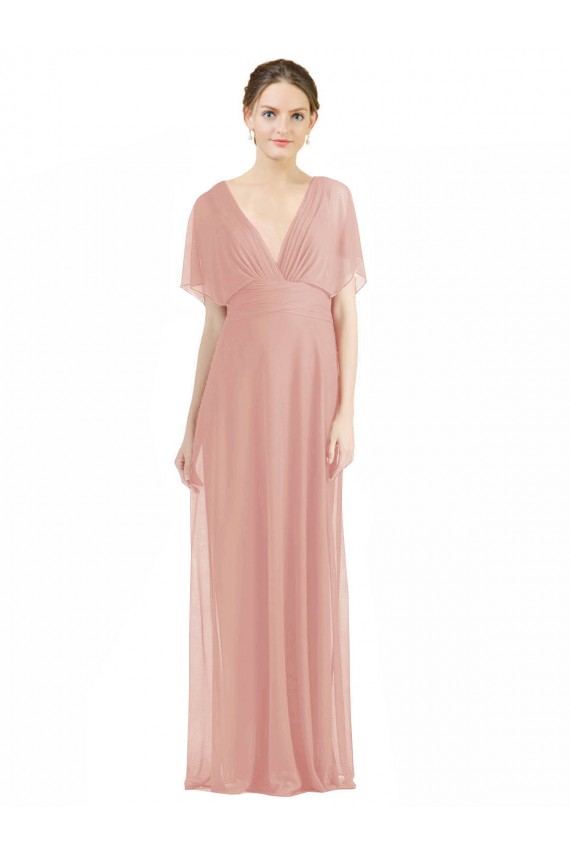Short Sleeves V-Neck Soft Chiffon Bliss Pink Long Bridesmaid Dress / Formal Dress Cardiff