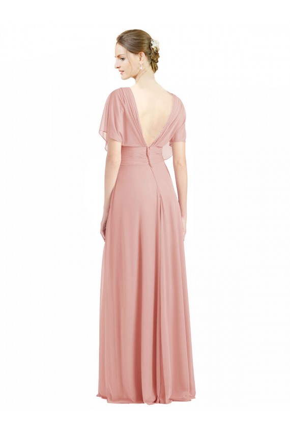 Short Sleeves V-Neck Soft Chiffon Bliss Pink Long Bridesmaid Dress / Formal Dress Cardiff
