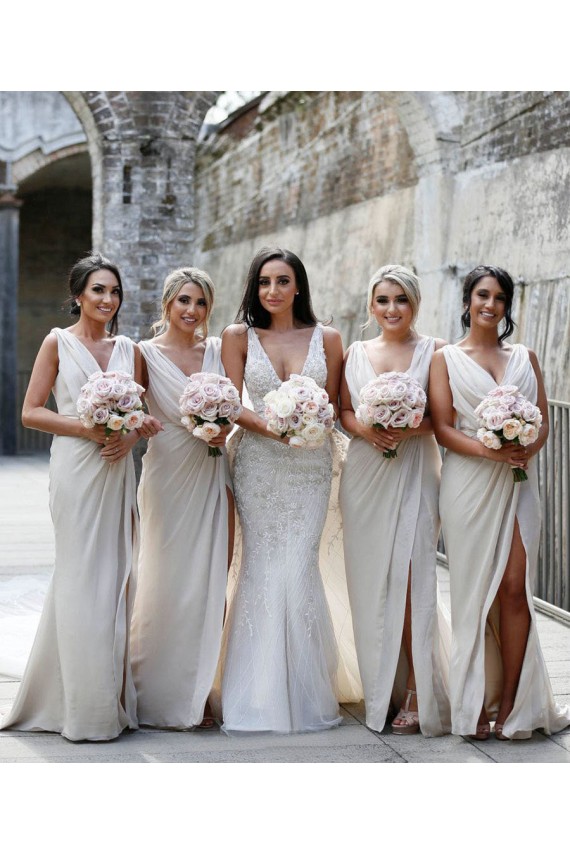 Sleeveless V-Neck Soft Chiffon Champagne Long Bridesmaid Dress Cardiff