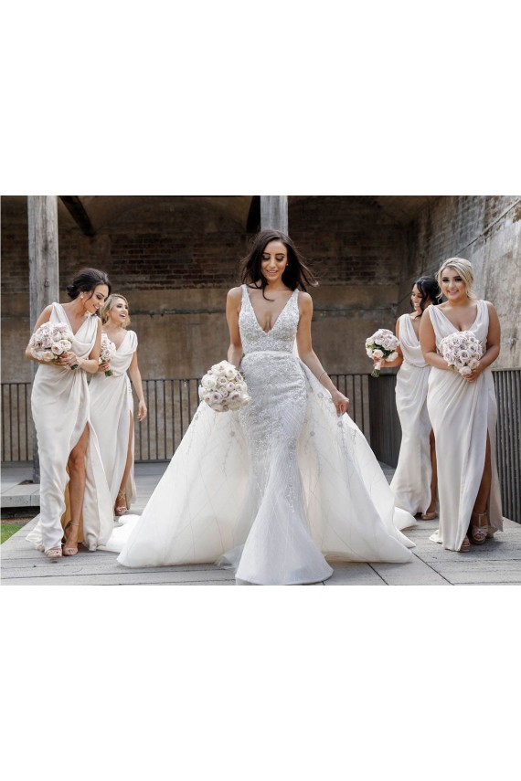 Sleeveless V-Neck Soft Chiffon Champagne Long Bridesmaid Dress Cardiff