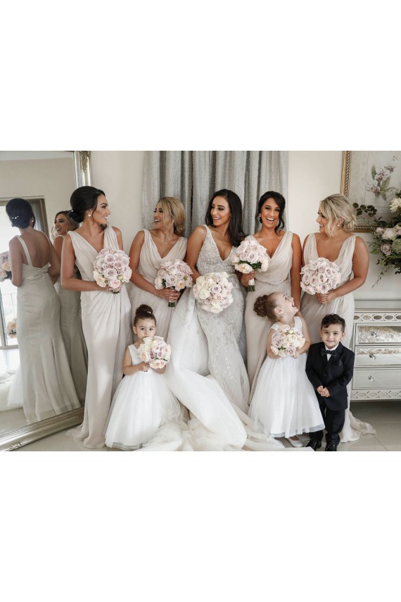 Sleeveless V-Neck Soft Chiffon Champagne Long Bridesmaid Dress Cardiff