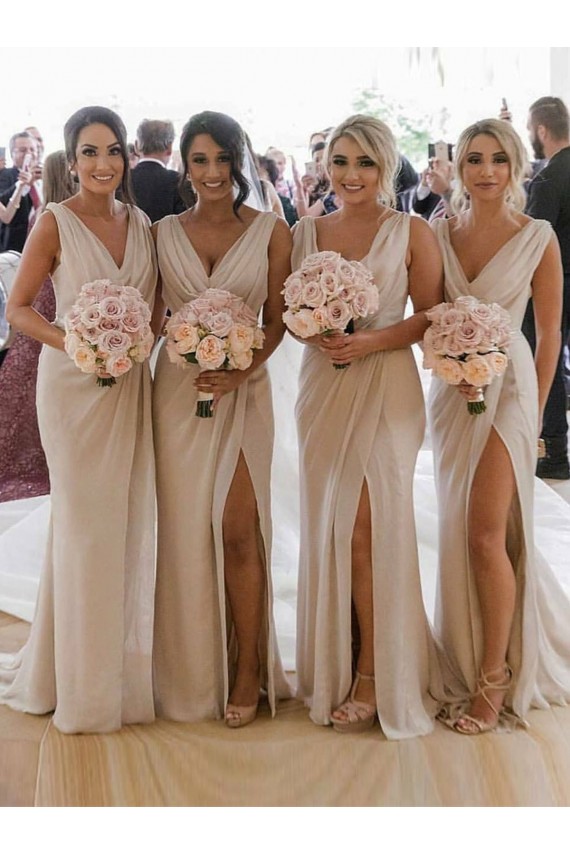 Sleeveless V-Neck Soft Chiffon Champagne Long Bridesmaid Dress Cardiff