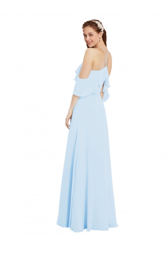 Cold Shoulder Halter Neck Soft Chiffon Light Sky Blue Long Formal Dress / Bridesmaid Dress Cardiff