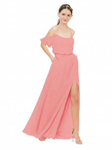 Sleeveless Off the Shoulder Soft Chiffon Watermelon Long Bridesmaid Dress Cardiff