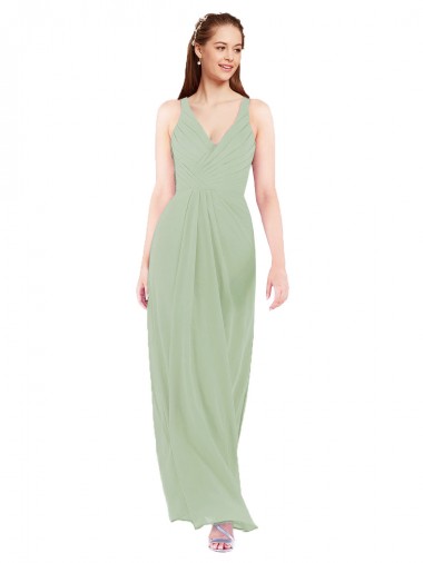 Sleeveless V-Neck Soft Chiffon Smoke Green Sheath Long Bridesmaid Dress Cardiff