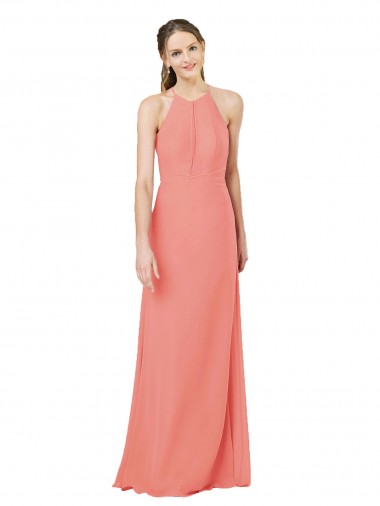 Sleeveless Halter Neck Soft Chiffon Desert Rose Long Bridesmaid Dress Cardiff