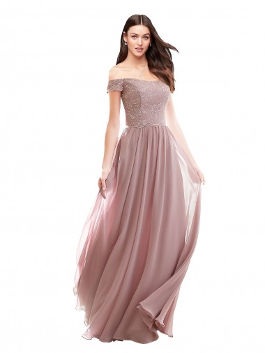 Cap Sleeves Off the Shoulder Soft Chiffon & Lace Pink Long Bridesmaid Dress Cardiff