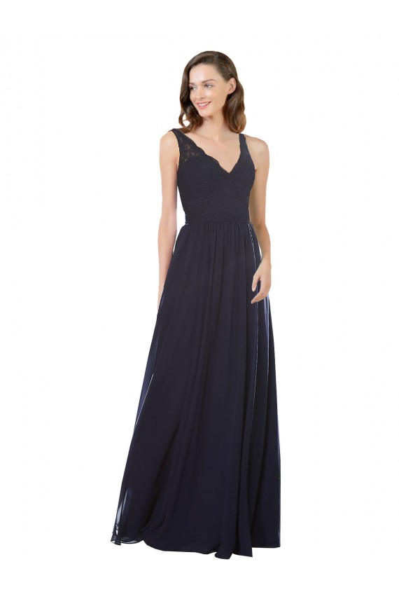 Sleeveless V-Neck Soft Chiffon & Lace Dark Navy Long Bridesmaid Dress Cardiff
