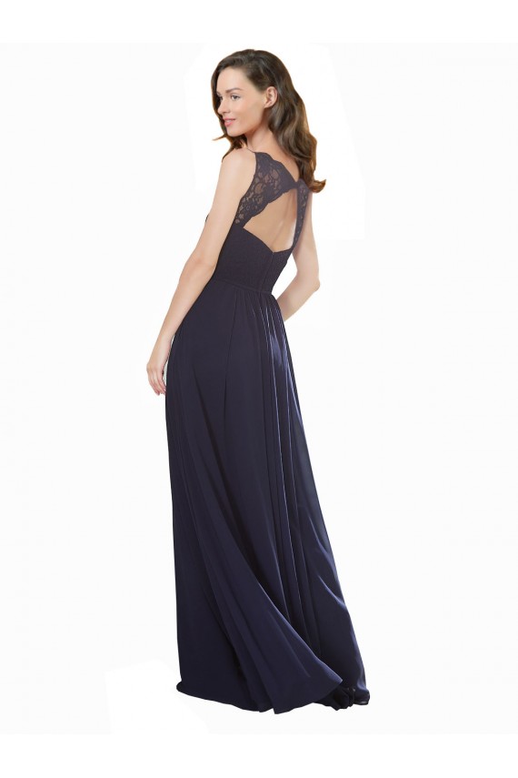 Sleeveless V-Neck Soft Chiffon & Lace Dark Navy Long Bridesmaid Dress Cardiff