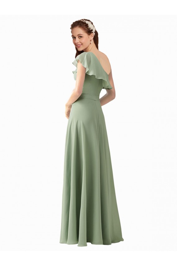 Flutter Sleeves One Shoulder Soft Chiffon Smoke Green Long Bridesmaid Dress Cardiff