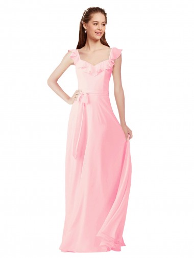 Cap Sleeves V-Neck Soft Chiffon Pink Long Bridesmaid Dress Cardiff