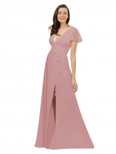 Flutter Sleeves V-Neck Chiffon Dusty Pink Long Bridesmaid Dress / Evening Dress Cardiff