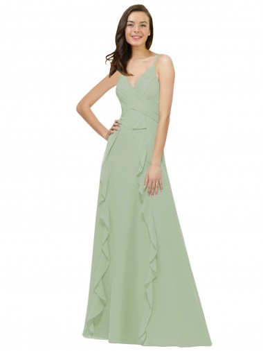 Sleeveless V-Neck Soft Chiffon Smoke Green Long Bridesmaid Dress Cardiff