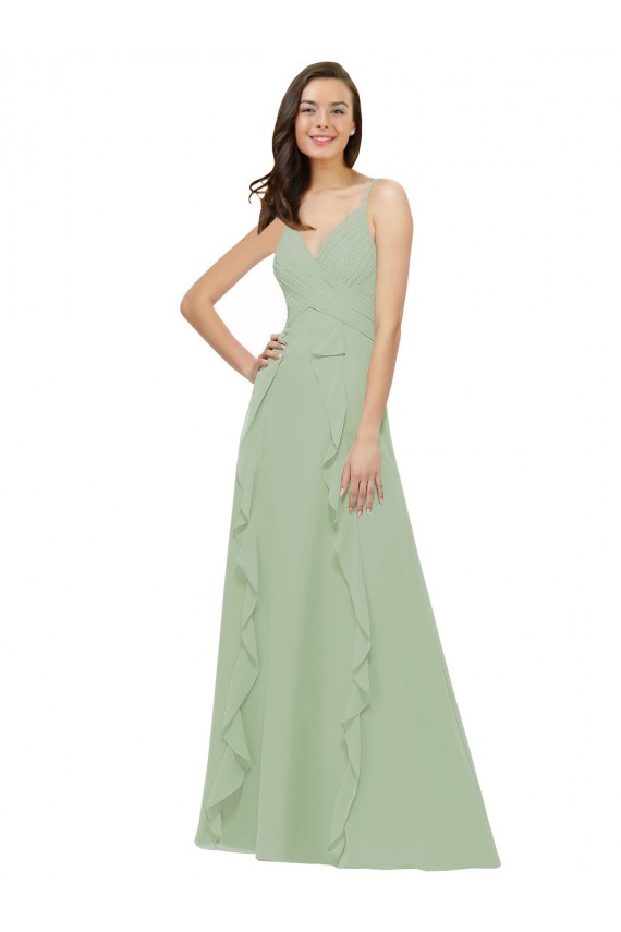 Sleeveless V-Neck Soft Chiffon Smoke Green Long Bridesmaid Dress Cardiff