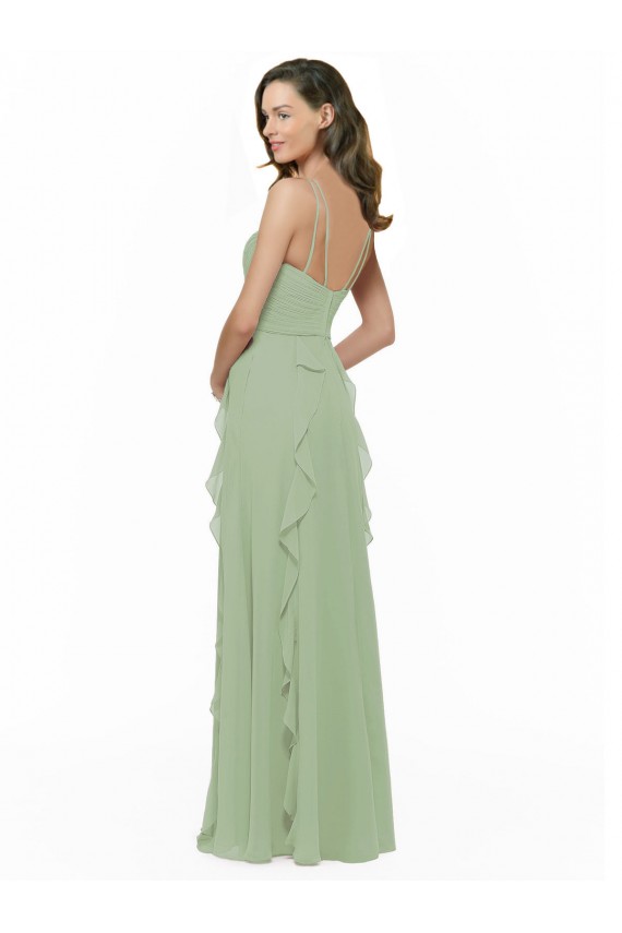 Sleeveless V-Neck Soft Chiffon Smoke Green Long Bridesmaid Dress Cardiff