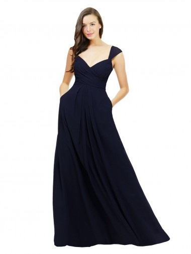 Sleeveless Sweetheart Chiffon Dark Navy Long Bridesmaid Gowns Cardiff
