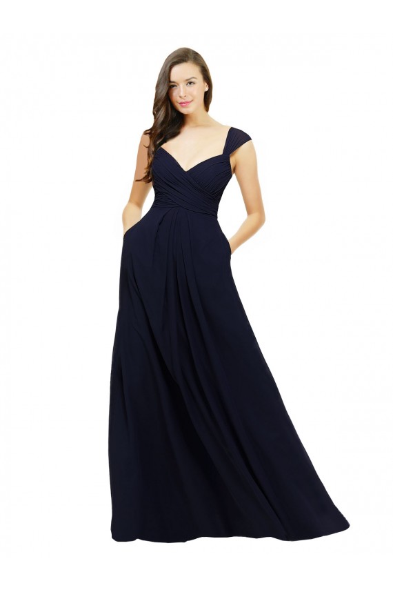 Sleeveless Sweetheart Chiffon Dark Navy Long Bridesmaid Gowns Cardiff