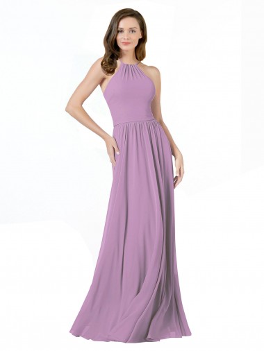 Sleeveless Halter Neck Soft Chiffon Dark Lavender Long Bridesmaid Dress Cardiff