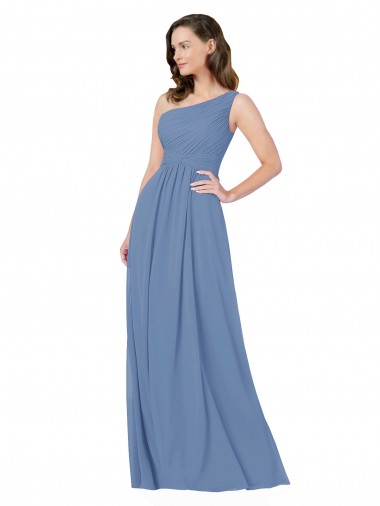 Sleeveless One Shoulder Soft Chiffon Windsor Blue Long Bridesmaid Dress Cardiff
