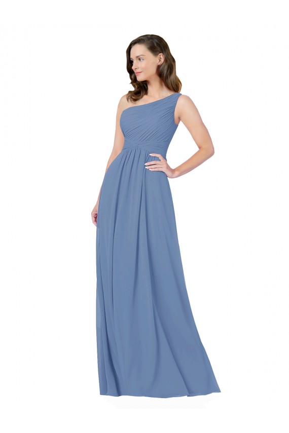 Sleeveless One Shoulder Soft Chiffon Windsor Blue Long Bridesmaid Dress Cardiff