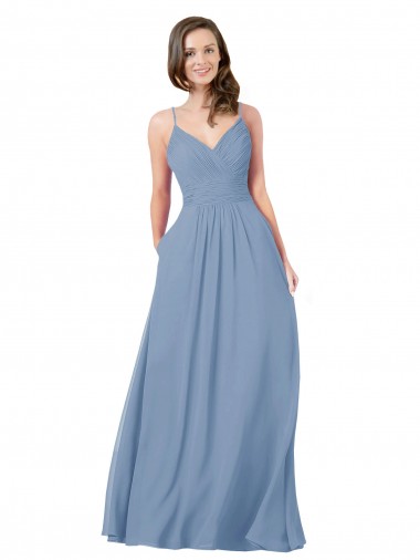 Sleeveless V-Neck Chiffon Dusty Blue Long Bridesmaid Dress / Evening Dress Cardiff