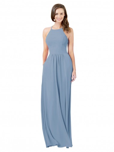 Sleeveless Halter Neck Chiffon Dusty Blue Long Bridesmaid Gowns Cardiff