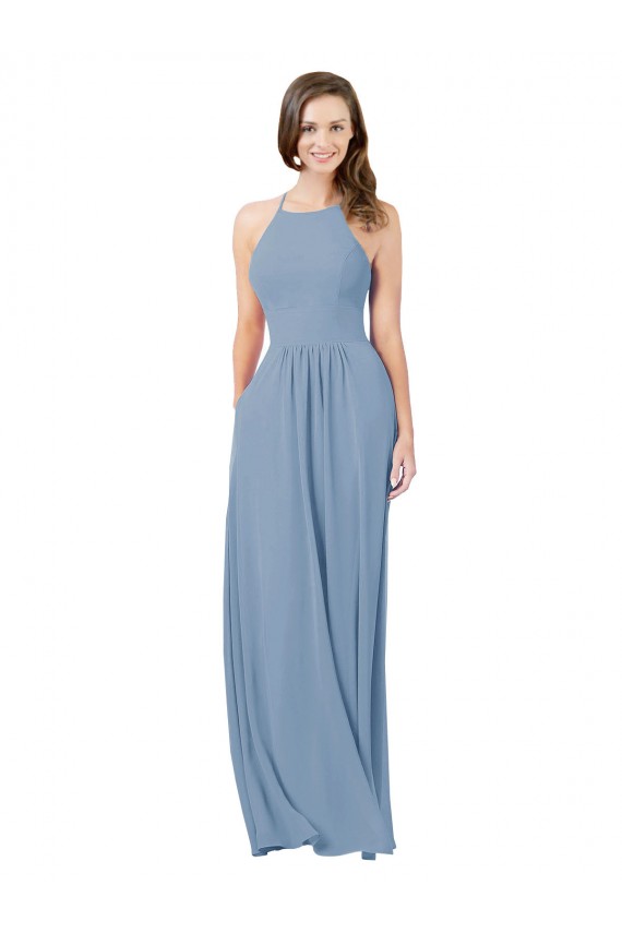 Sleeveless Halter Neck Chiffon Dusty Blue Long Bridesmaid Gowns Cardiff