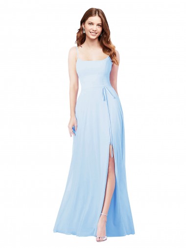 Sleeveless Square Neck Soft Chiffon Light Sky Blue Sheath Long Bridesmaid Dress Cardiff