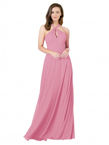 Sleeveless Halter Neck Soft Chiffon Skin Pink Long Prom Dress / Bridesmaid Dress Cardiff