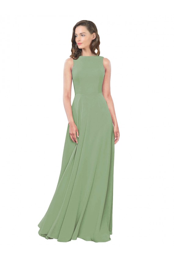 Sleeveless High Neck Soft Chiffon Seagrass Long Bridesmaid Dress Cardiff