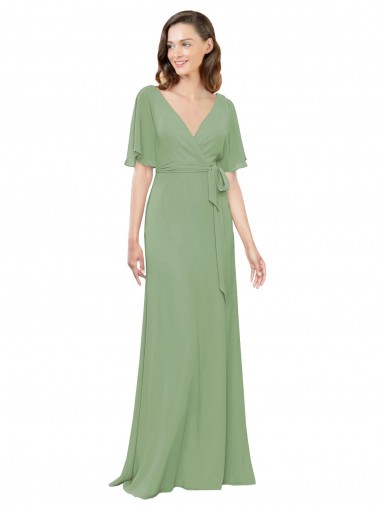 Short Flutter Sleeves V-Neck Soft Chiffon Seagrass Long Bridesmaid Dress Cardiff