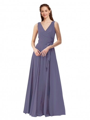 Sleeveless V-Neck Soft Chiffon Silver Stone Long Bridesmaid Dress Cardiff