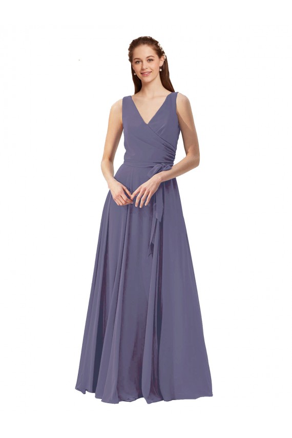 Sleeveless V-Neck Soft Chiffon Silver Stone Long Bridesmaid Dress Cardiff
