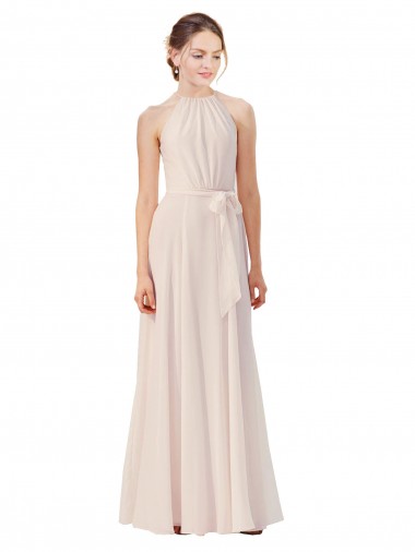 Sleeveless High Neck Soft Chiffon Cream Pink Long Bridesmaid Dress Cardiff