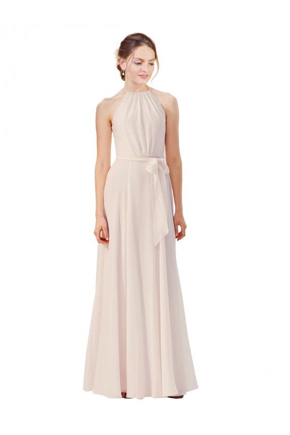 Sleeveless High Neck Soft Chiffon Cream Pink Long Bridesmaid Dress Cardiff
