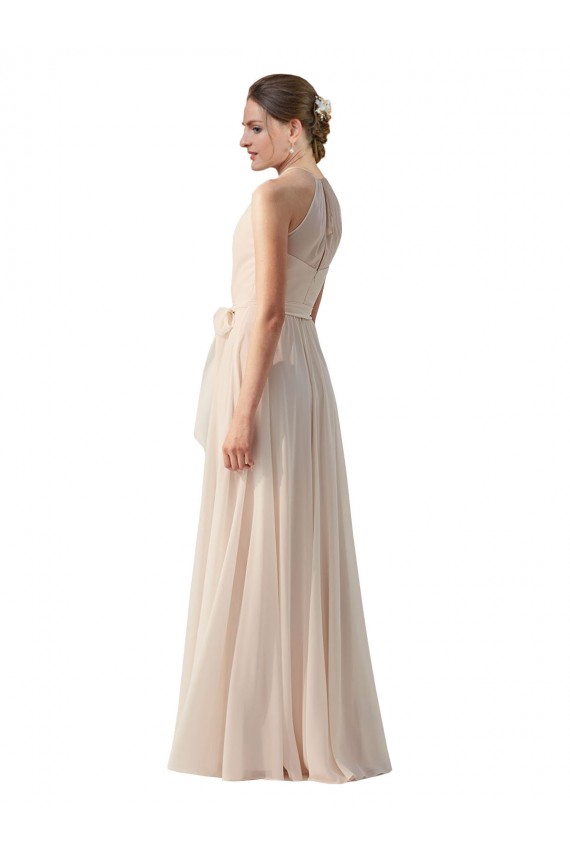Sleeveless High Neck Soft Chiffon Cream Pink Long Bridesmaid Dress Cardiff