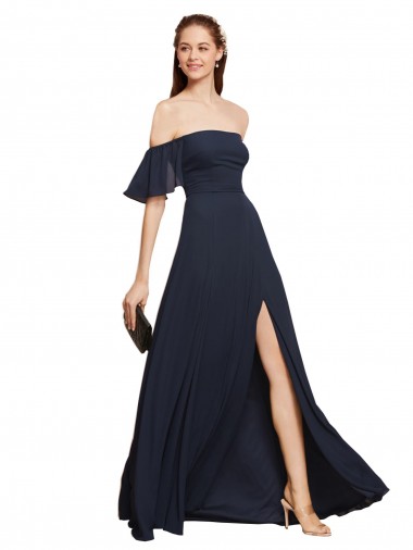 Sleeveless Off the Shoulder Soft Chiffon Dark Navy Long Prom Dress / Bridesmaid Dress Cardiff