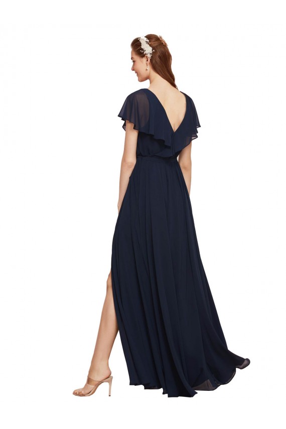Cap Sleeves V-Neck Chiffon Dark Navy Long Evening Gowns / Bridesmaid Dresses Cardiff