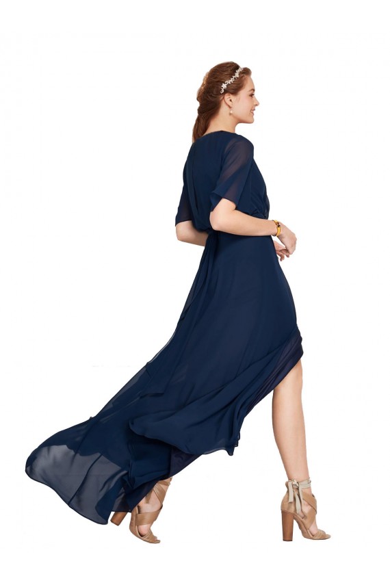 Flutter Sleeves V-Neck Soft Chiffon Dark Navy Long Bridesmaid Dress / Formal Dress Cardiff