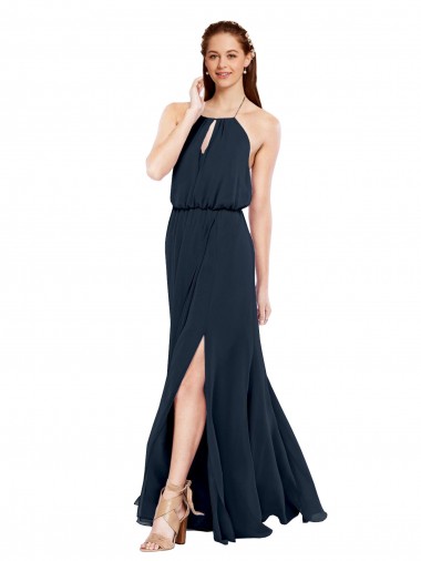 Sleeveless Halter Neck Chiffon Dark Navy Long Bridesmaid Dress / Evening Dress Cardiff