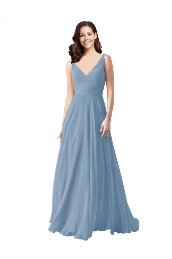 Sleeveless V-Neck Chiffon Dusty Blue Long Wedding Party Dress Cardiff