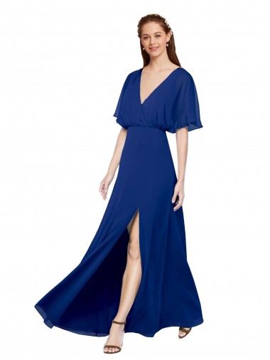 Flutter Sleeves V-Neck Chiffon Royal Blue Long Bridesmaid Dress / Evening Gowns Cardiff