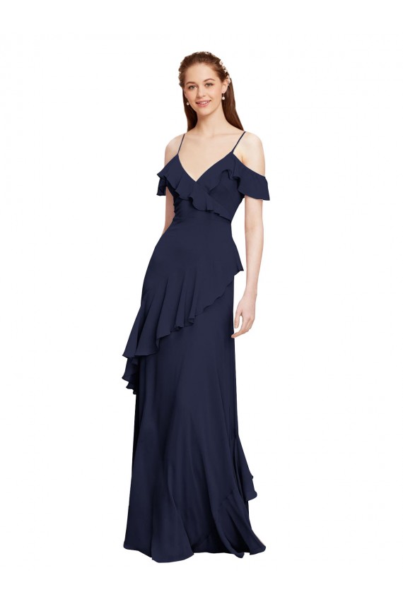 Sleeveless V-Neck Chiffon Dark Navy Long Formal Dresses / Bridesmaid Dresses Cardiff