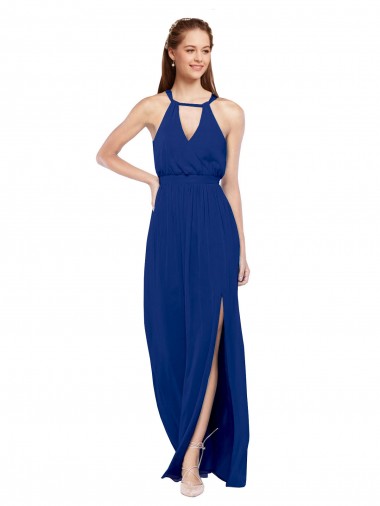Sleeveless High Neck Soft Chiffon Royal Blue A-Line Long Bridesmaid Dress Cardiff