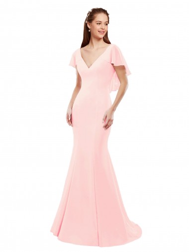 Flutter Sleeves V-Neck Soft Chiffon Pink Long Bridesmaid Dress Cardiff