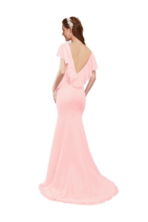 Flutter Sleeves V-Neck Soft Chiffon Pink Long Bridesmaid Dress Cardiff