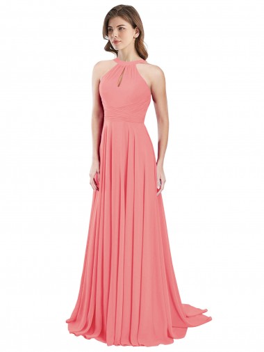 Sleeveless Halter Neck Chiffon Watermelon Long Bridesmaid Dress / Evening Dress Cardiff